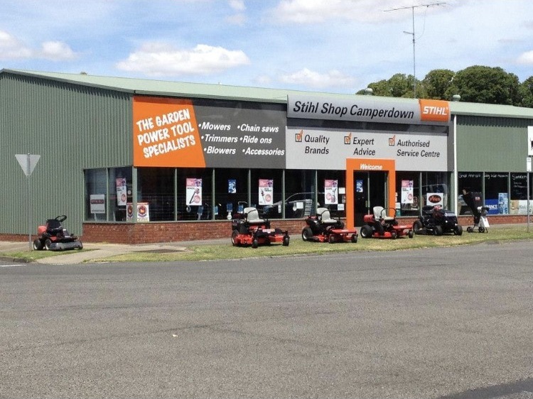 The Camperdown Mowers shopfront on Pike Street, with the Stihl Shop Camperdown sign and ride on mowers lined up on the verge